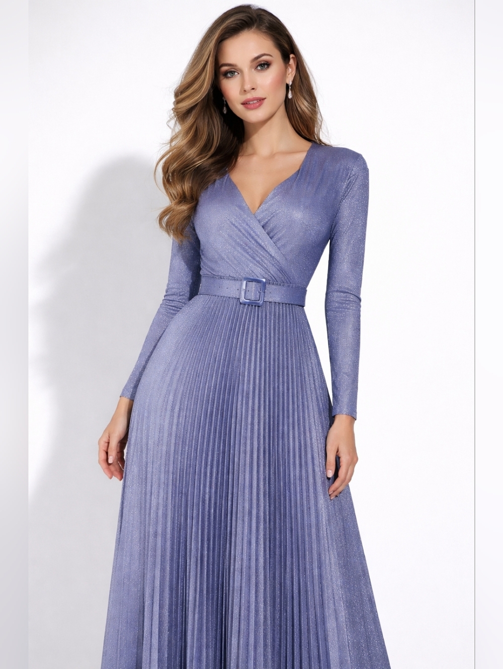 Women Fashion Blue Pleated Glittery Dress
